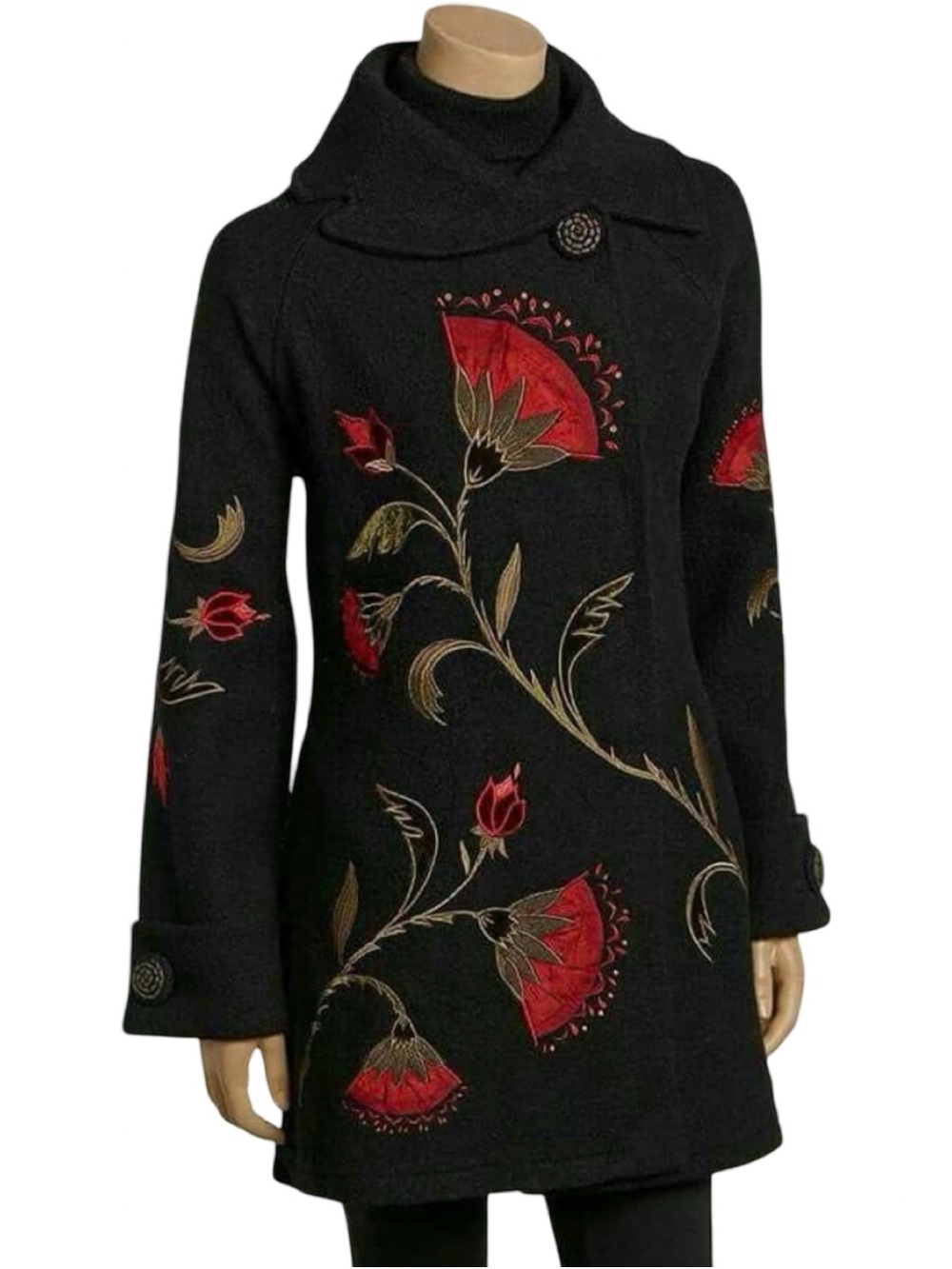 Gorgeous Statement Floral Embroidered Covelo Art Wear  Black Wool Coat 🌹 Sz L